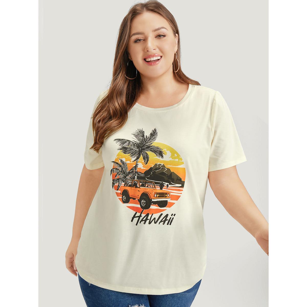Plus Size Coconut Tree & Car Print Crew Neck T-shirt Beige Women Casual Tropical Dailywear T-shirts BloomChic 22-24/3X Product Image