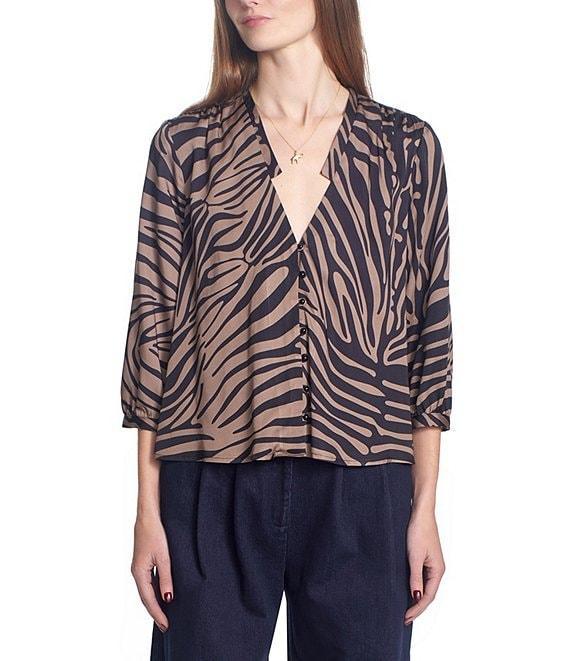 COREY LYNN CALTER Jessina Woven Satin Zebra Print V-Neck 3/4 Sleeve Top Product Image