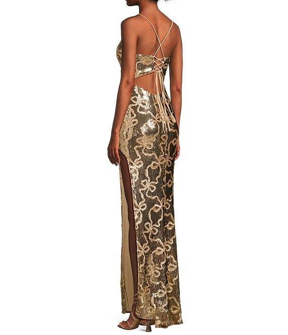 City Vibe Bow Sequin Pattern Lace Up Back Side Slit Dress Product Image