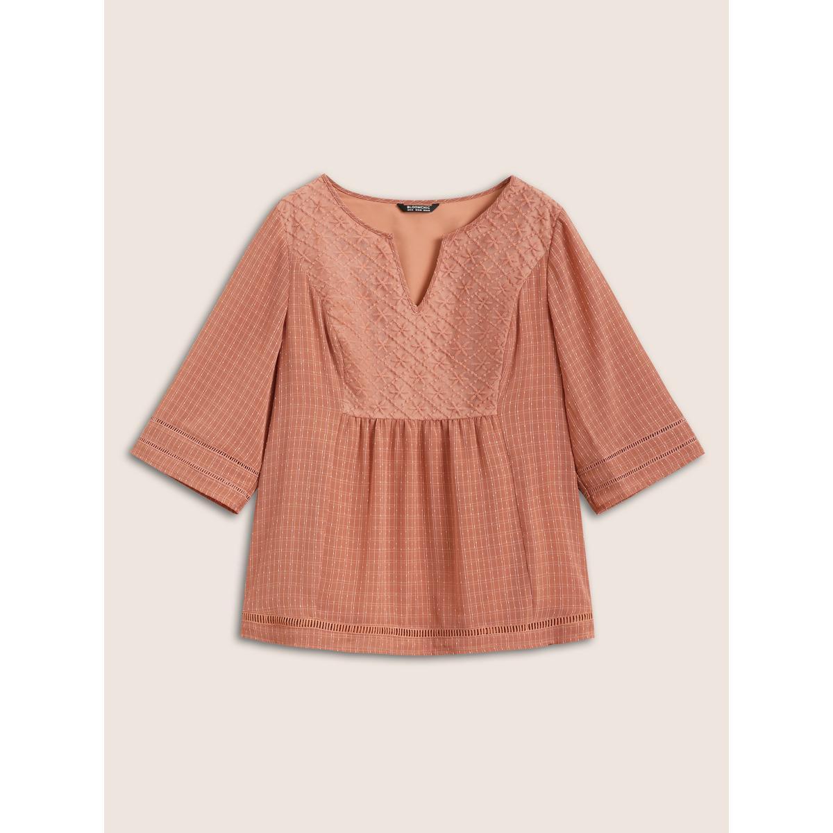 Plus Size Coral Solid Notched Lace Panel Bell Sleeve Blouse Women Resort Elbow-length sleeve Flat collar with V-notch Vacation Blouses BloomChic 10/M Product Image