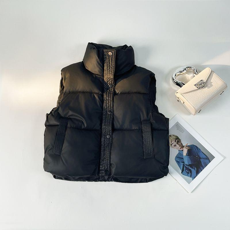 High Neck Plain Zip-Up Puffer Vest Product Image
