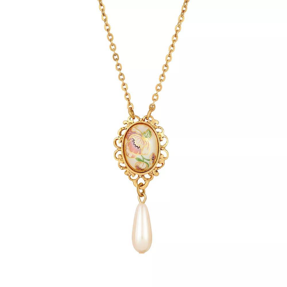 1928 Gold Tone Flower Decal Oval Drop Necklace, Womens, Multi Product Image