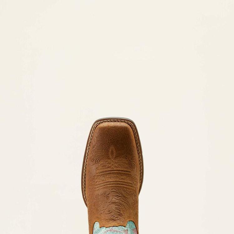 SALE Ariat® Ladies' Round Up Brown Tooled/Flamingo Top Square Toe Boots Product Image