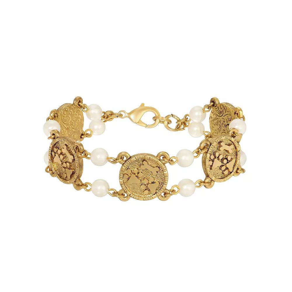 1928 Gold Tone Dog Paws & Bone Faux Pearl Bead Bracelet, Womens, White Product Image