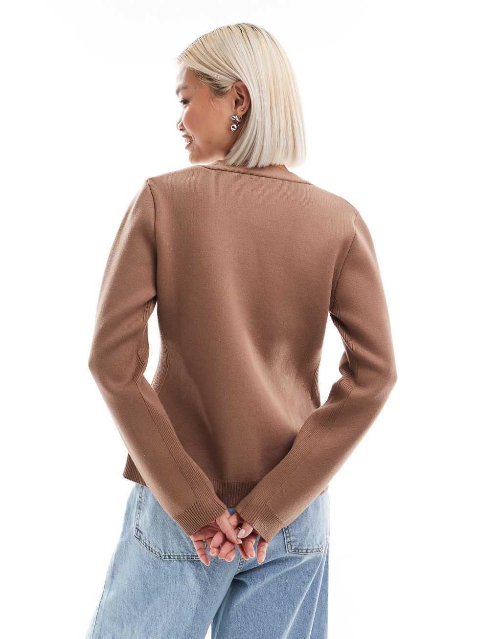 ASOS DESIGN knitted structured v neck cardigan with seam detail in mocha Product Image