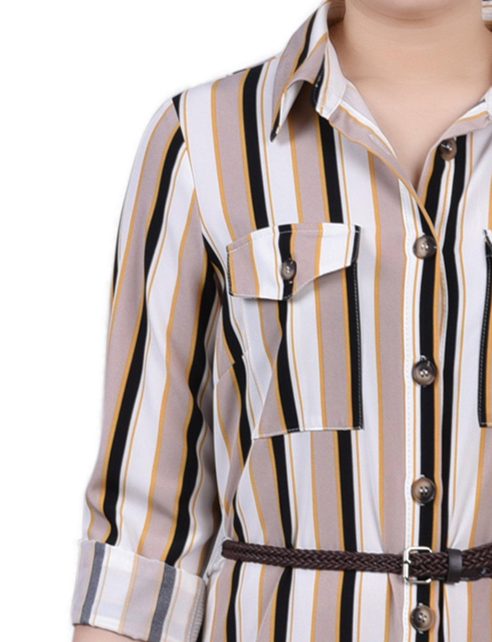 Ivory Navy Sun Multi Stripe 3/4 Roll Tab Sleeve Shirtdress - Petite Product Image