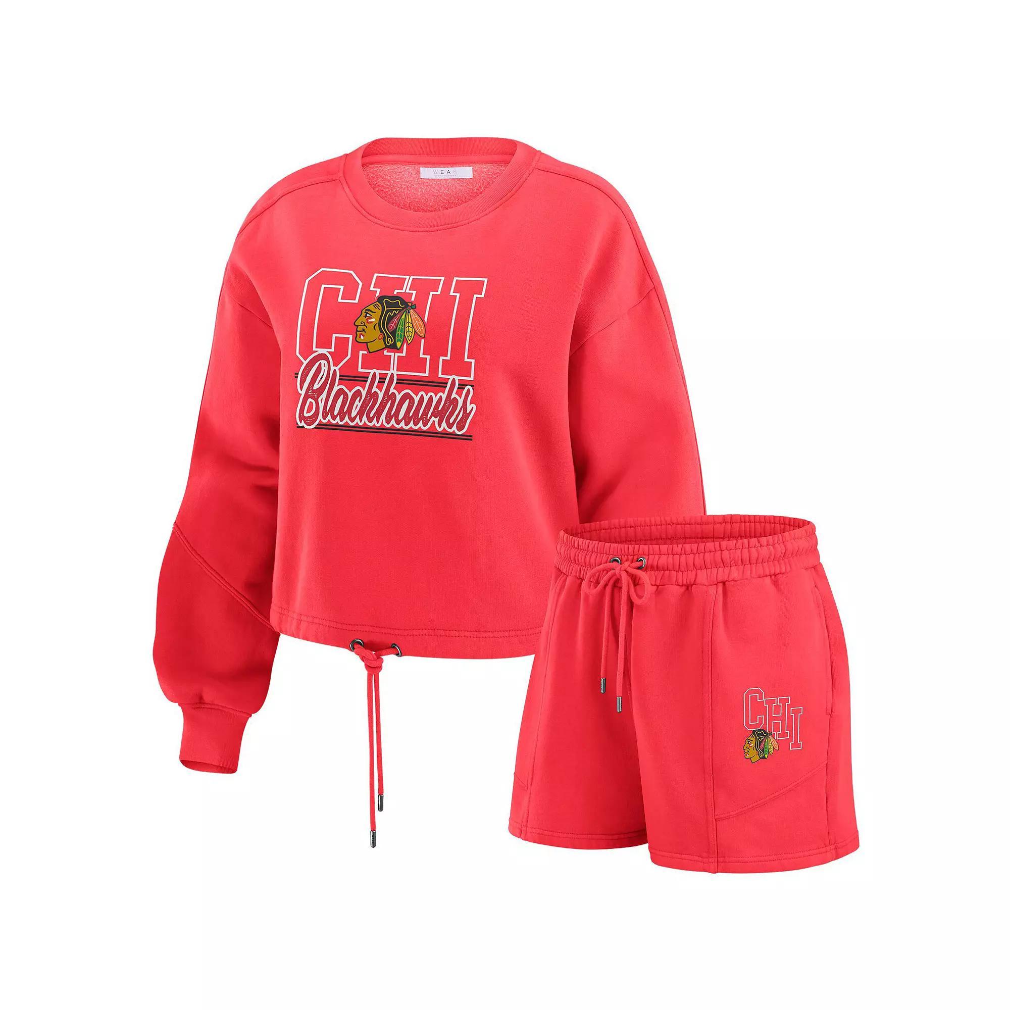 Women's WEAR by Erin Andrews Red Chicago Blackhawks Washed Fleece Sweatshirt & Shorts Lounge Set, Size: Medium Product Image