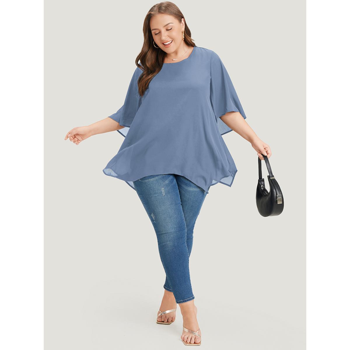 Plus Size LightBlue Plain Mesh Flutter Sleeve Hanky Hem Blouse Women Office Elbow-length sleeve Round Neck Dailywear Blouses BloomChic 14-16/1X Product Image