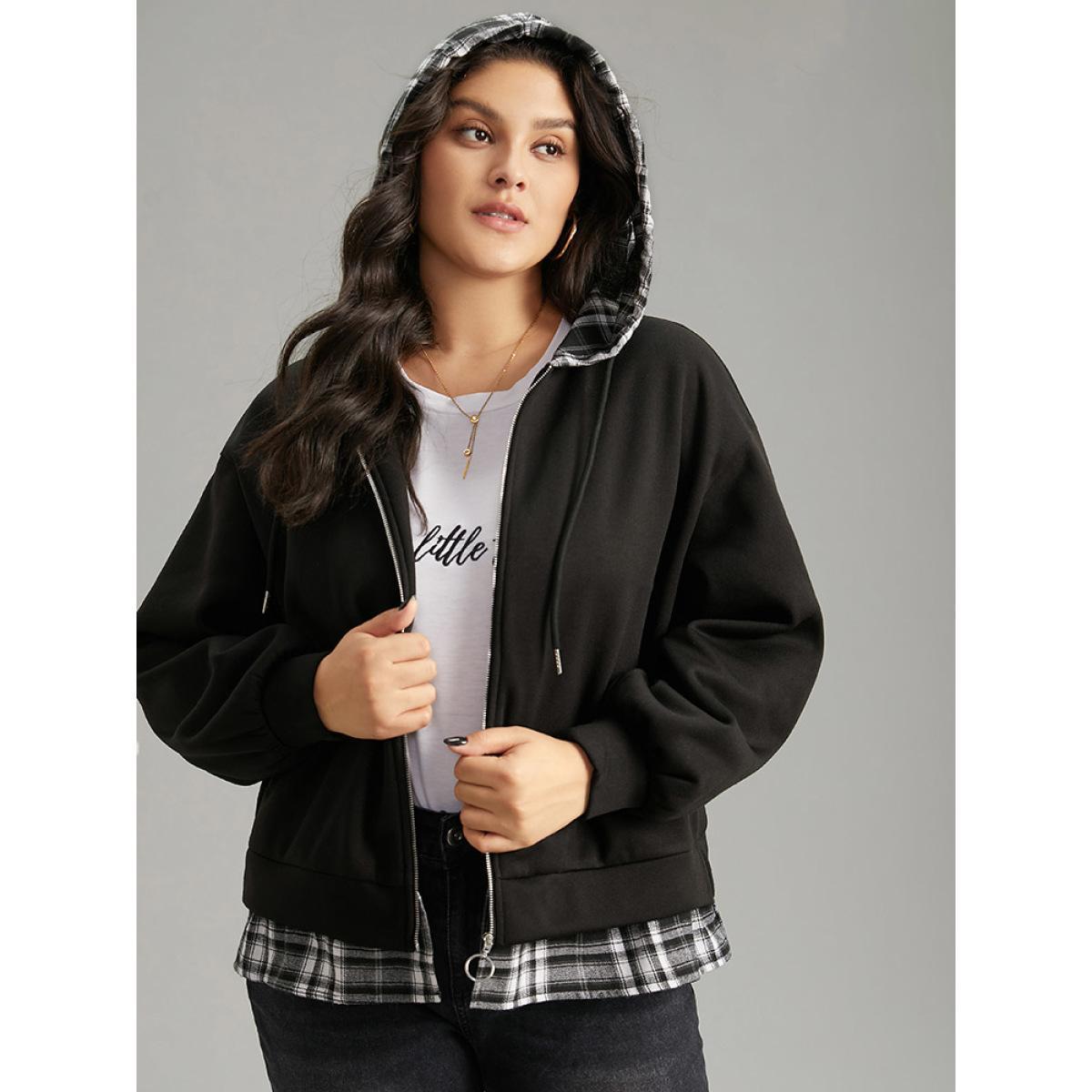 Plus Size Plaid Patchwork O Ring Zipper Hooded Drawstring Jacket Women Black Contrast Dailywear Jackets BloomChic 28/5X Product Image