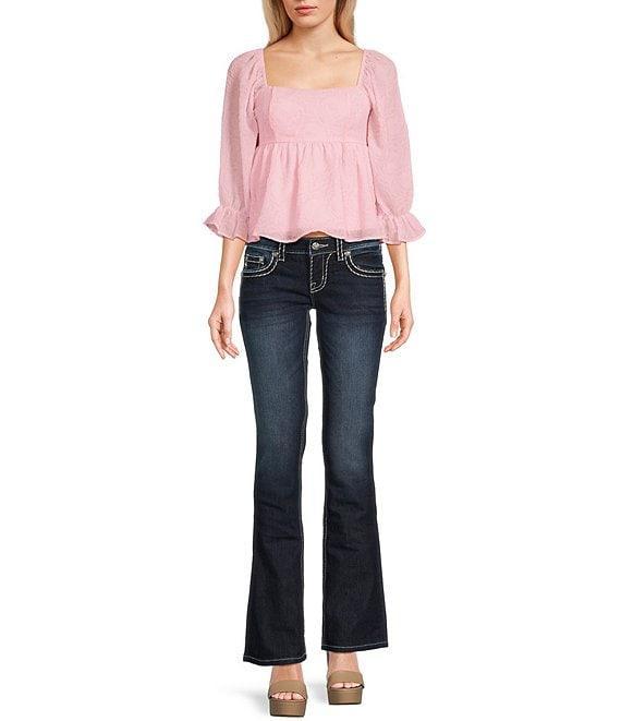 Miss Me Loose Saddle Border Stitch Flap Pocket Low Rise Bootcut Jeans Product Image