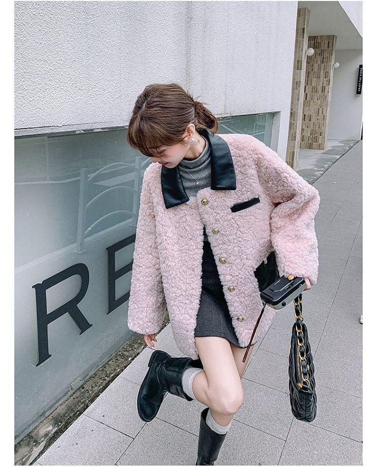Plain Contrast Trim Faux Leather Panel Faux Shearling Single-Breasted Jacket Product Image