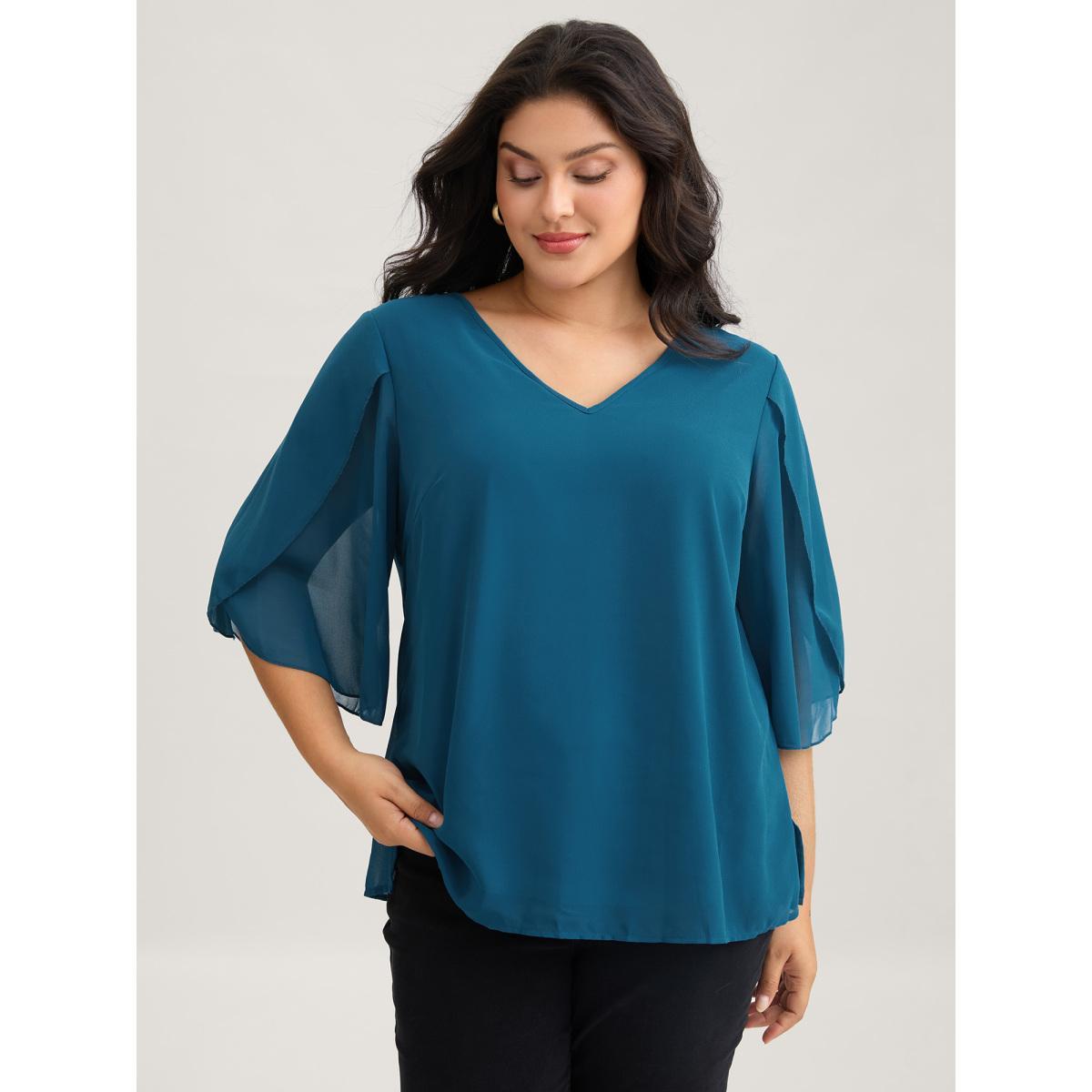 Plus Size Aegean Chiffon Gathered Petal Sleeve Blouse Women Elegant Elbow-length sleeve V-neck Everyday Blouses BloomChic 10/M Product Image