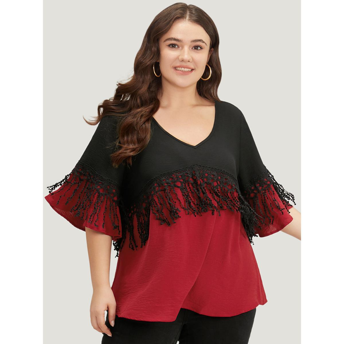 Plus Size Black Halloween Two Tone Fringe Trim Patchwork Blouse Women Elegant Short sleeve V-neck Festival-Halloween Blouses BloomChic 28/5X Product Image