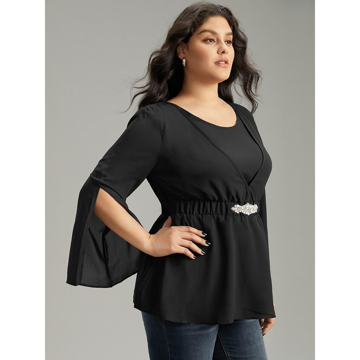 Plus Size Black Solid Chiffon Rhinestone Bell Sleeve Blouse Women Glamour Elbow-length sleeve V-neck Festival-Halloween Blouses BloomChic 14-16/1X Product Image