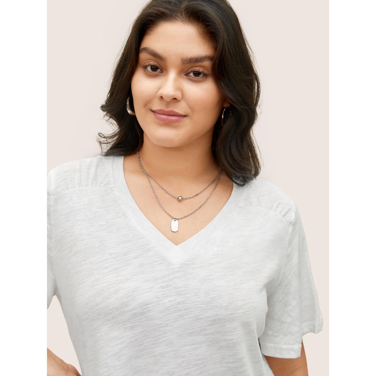 Plus Size Plain Ruffle Sleeve Heather V Neck T-shirt White Women Casual Plain V-neck Everyday T-shirts BloomChic 30/6X Product Image