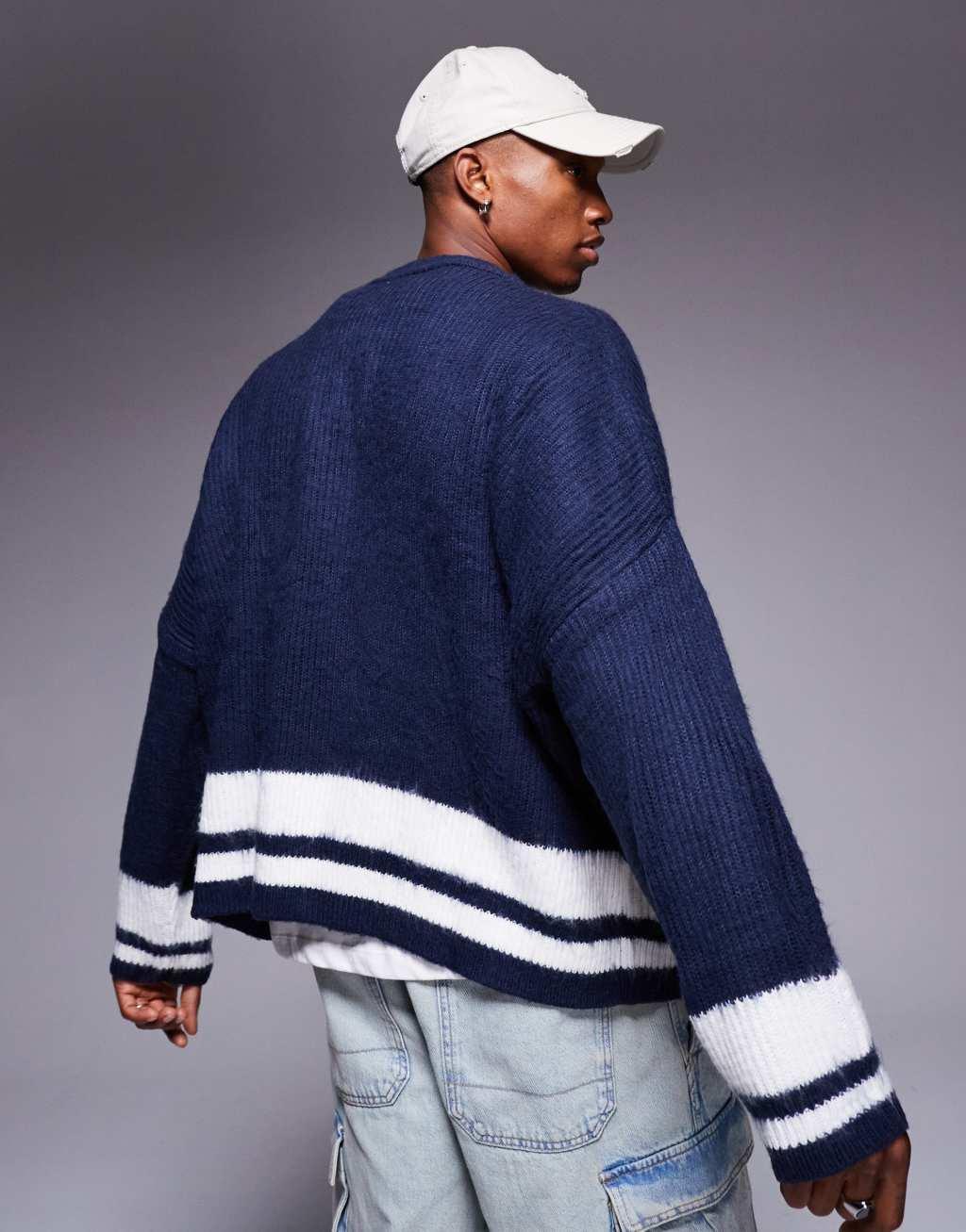 ASOS DESIGN super oversized boxy fit fluffy knitted sweater in navy with white tipping Product Image