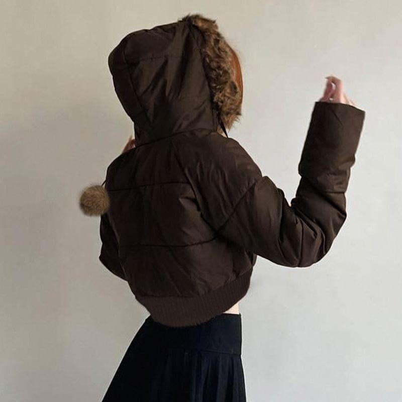 Fluffy Hooded Plain Zip Up Cropped Puffer Jacket Product Image