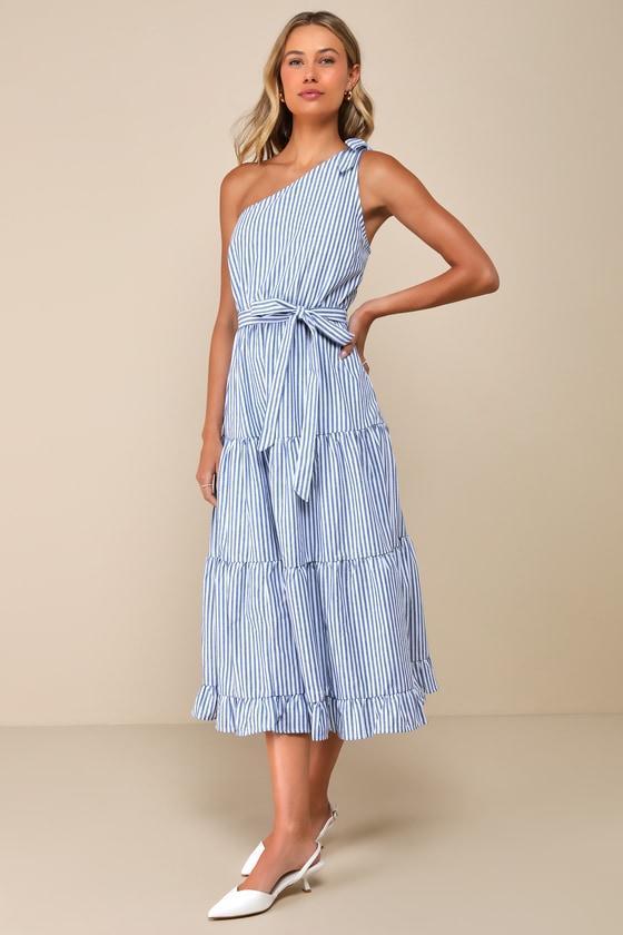 Gleeful Getaway Blue and White Striped One-Shoulder Midi Dress Product Image