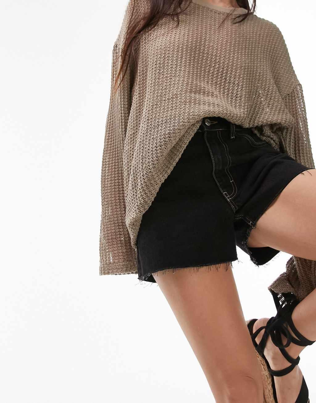 Topshop contrast thread a-line denim short in black Product Image