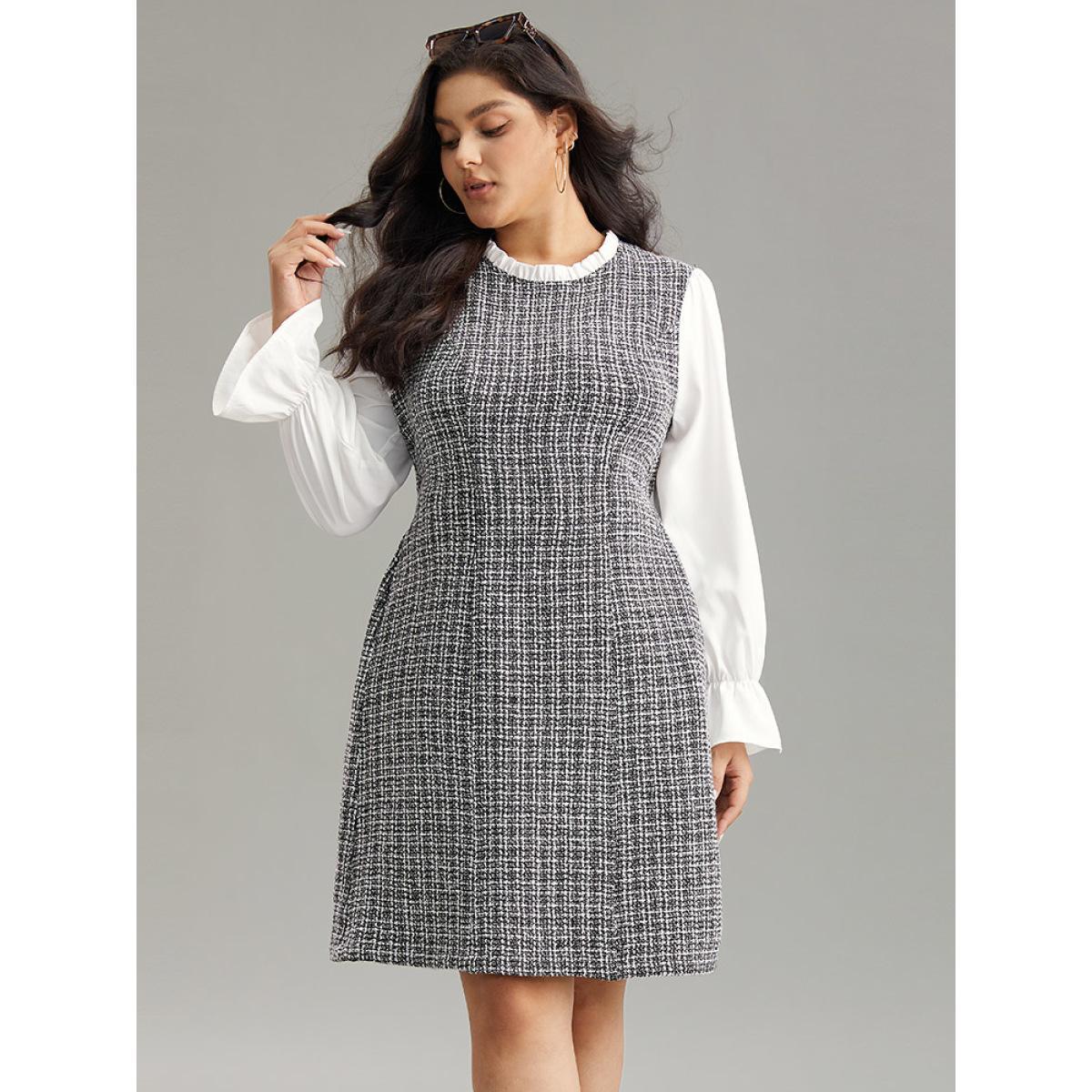 Plus Size Plaid Patchwork Ruffle Trim Knee Dress White Women Office Texture Mock Neck Long Sleeve Curvy Knee Dress BloomChic 22-24/3X Product Image