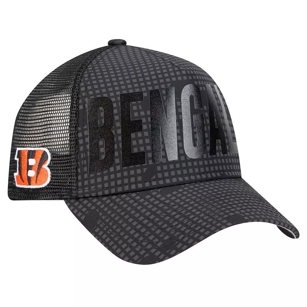 Men's New Era Black Cincinnati Bengals  Midnight Ink Tonal Text A-Frame Trucker 9FORTY Adjustable Hat Product Image