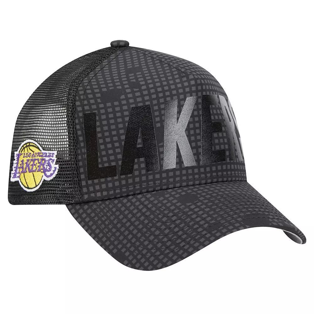 Men's New Era Black Los Angeles Lakers Midnight Ink Tonal A-Frame Trucker 9FORTY Adjustable Hat Product Image