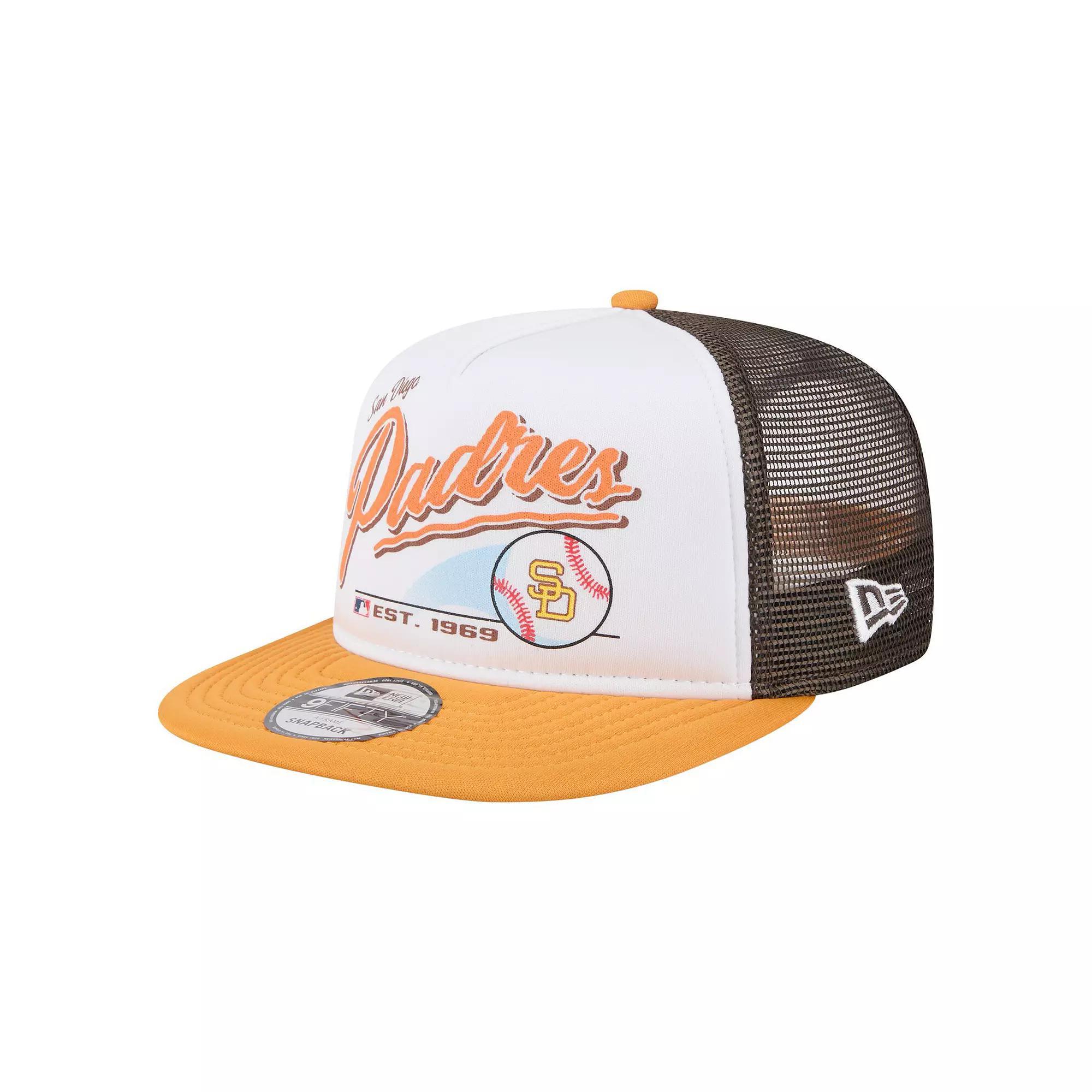 Men's New Era White/Gold San Diego Padres Retro Script Trucker 9FIFTY Snapback Hat Product Image