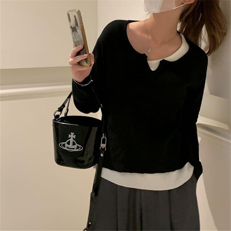 Notch Neck Two Tone Mock Two-Piece Sweater Product Image