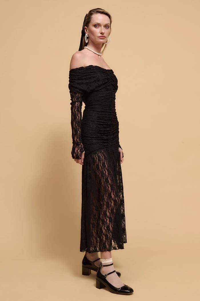 Studded Floral-Lace Off-Shoulder Ruched Maxi Dress Product Image