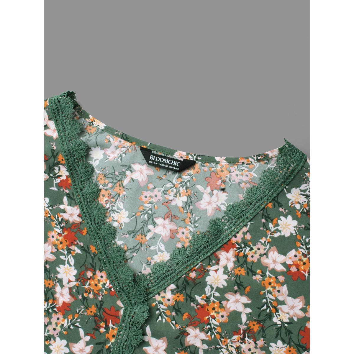 Plus Size Sage Floral Lace Panel Lantern Sleeve Blouse Women Elegant Long Sleeve V-neck Everyday Blouses BloomChic 30/6X Product Image