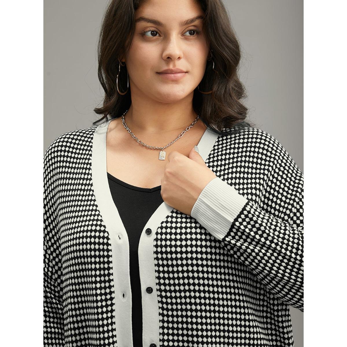 Plus Size Polka Dot Patchwork Button Through Cardigan Black Women Casual Loose Long Sleeve Dailywear Cardigans BloomChic 10/M Product Image