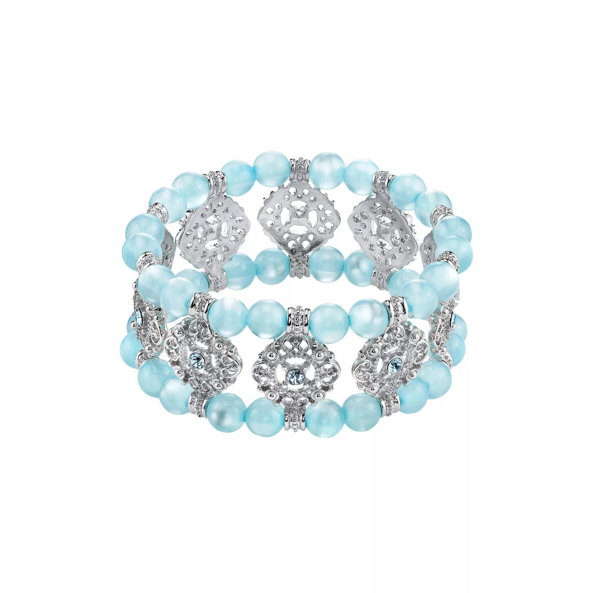 1928 Simulated Crystal & Bead Filigree Multistrand Stretch Bracelet, Women's, Size: 7.5", Blue Product Image