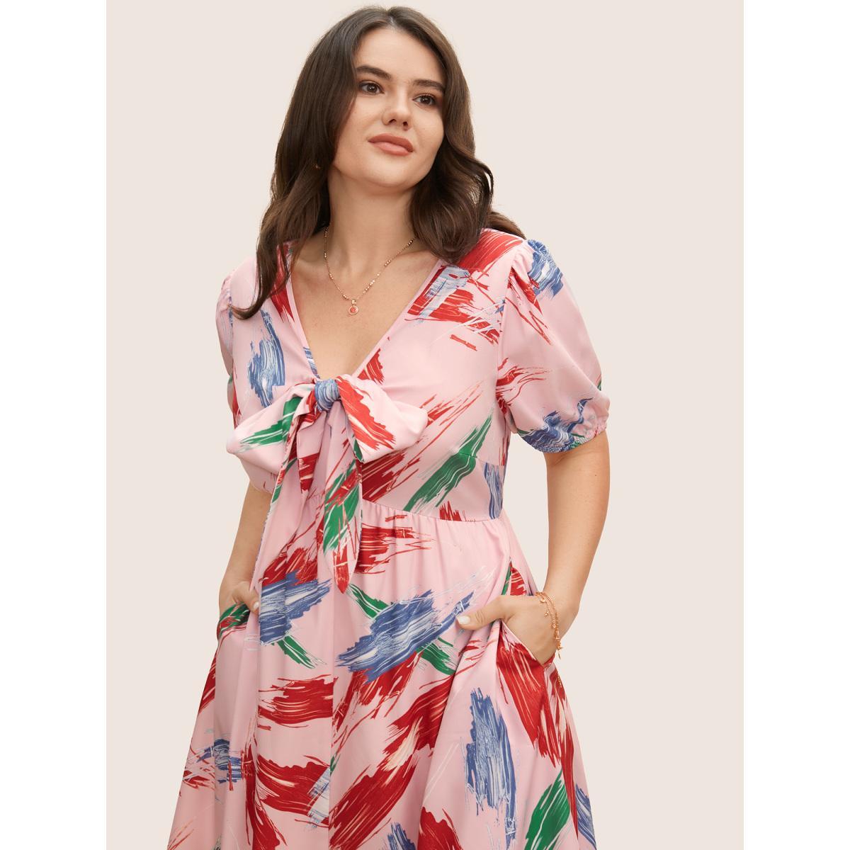 Plus Size Chiffon Floral Tiered Ruffles Split Hem Dress Nudepink Women Elegant Tie knot V-neck Half Sleeve Curvy BloomChic 30/6X Product Image