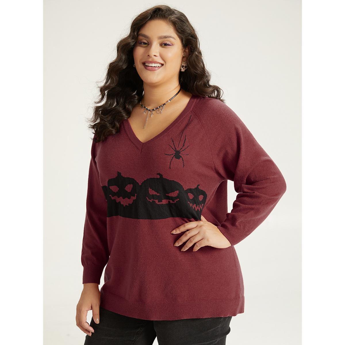 Plus Size Halloween Graphic Pumpkin V Neck Pullover Scarlet Women Casual Loose Long Sleeve V-neck Dailywear Pullovers BloomChic 18-20/2X Product Image