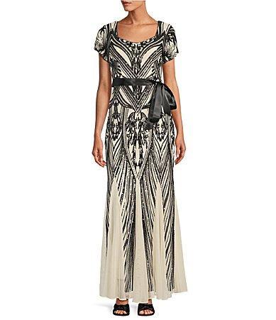 R  M Richards Petite Size Short Sleeve Sweetheart Neck Sequin Panel Godet Embellished Dress Product Image