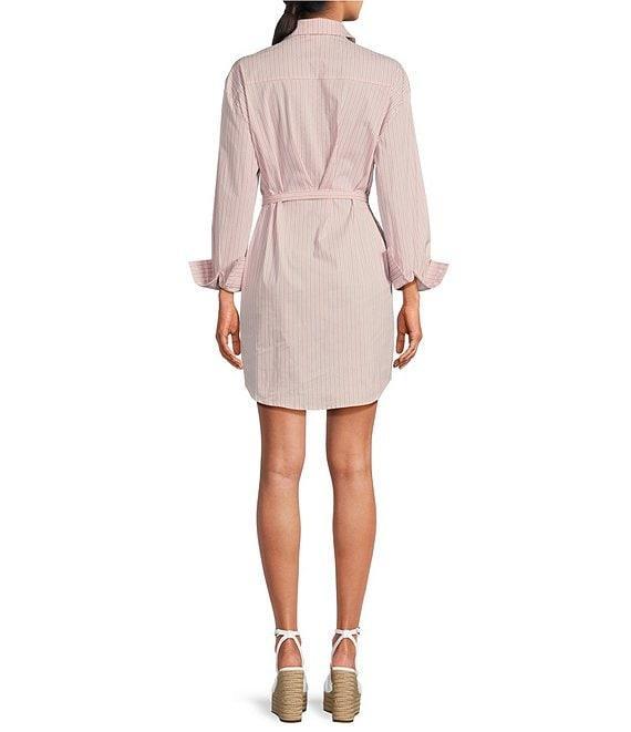 ELAN Woven Stripe Print Point Collar Long Sleeve Belted Button Front Shirt Dress Product Image