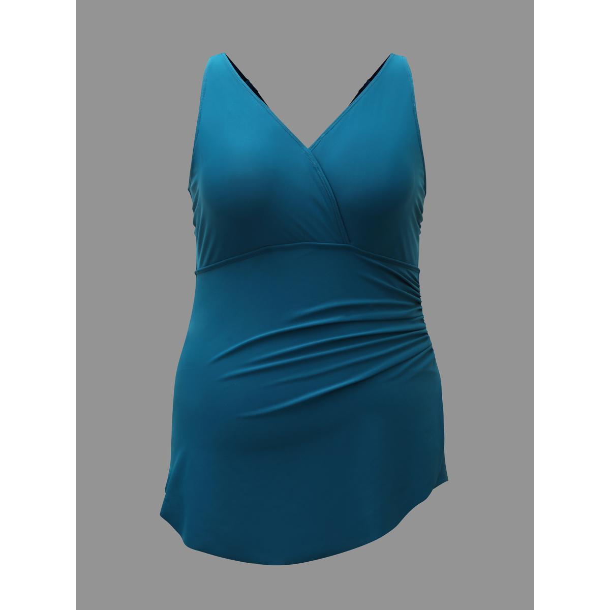 Plus Size Surplice Neck Ruched One Piece Swimsuit Women's Swimwear Cyan Beach Gathered Curve Bathing Suits High stretch One Pieces BloomChic 12/L Product Image