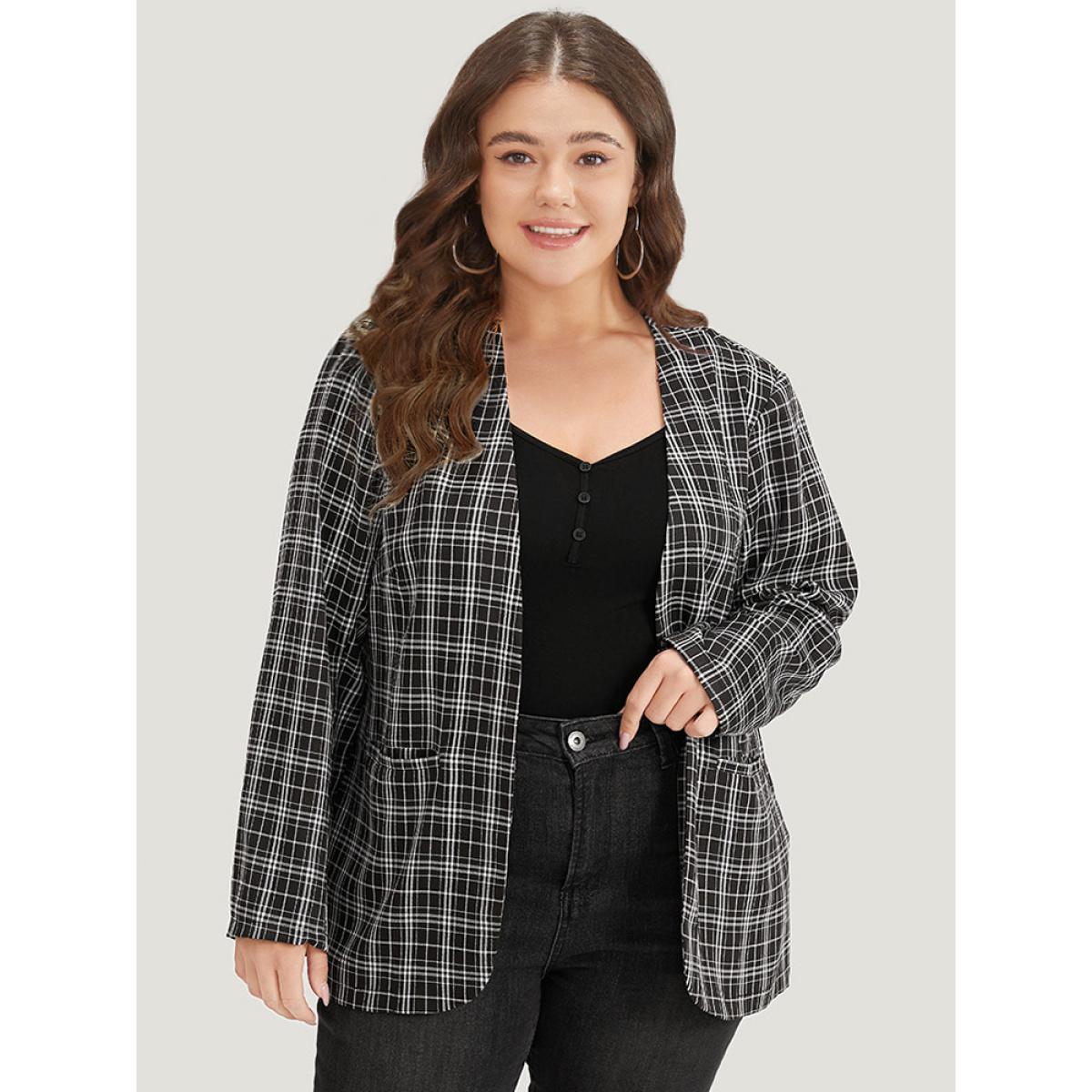 Plus Size Plaid Pocket Open Front Blazer Black Women Dailywear Plaid Pocket Sleeve Long Sleeve Open Front 22-24/3X Pocket Casual Blazers BloomChic Product Image