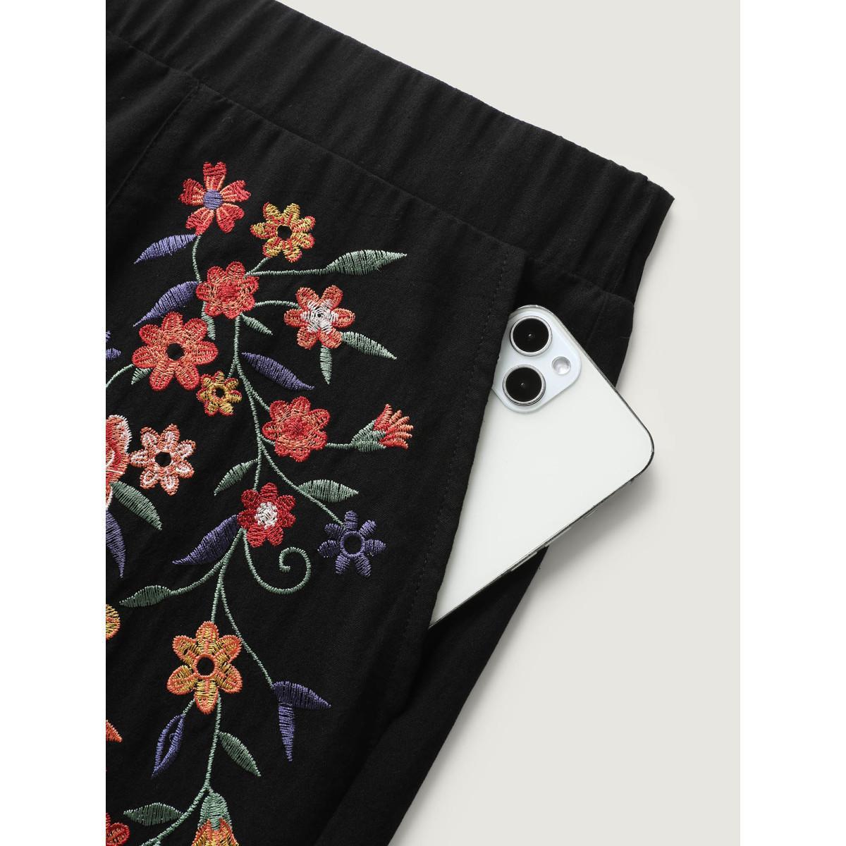Plus Size Cotton Floral Embroidered Pockets Ribbed Hem Pants Women Black Resort Loose Mid Rise Vacation Pants BloomChic 12/L Product Image