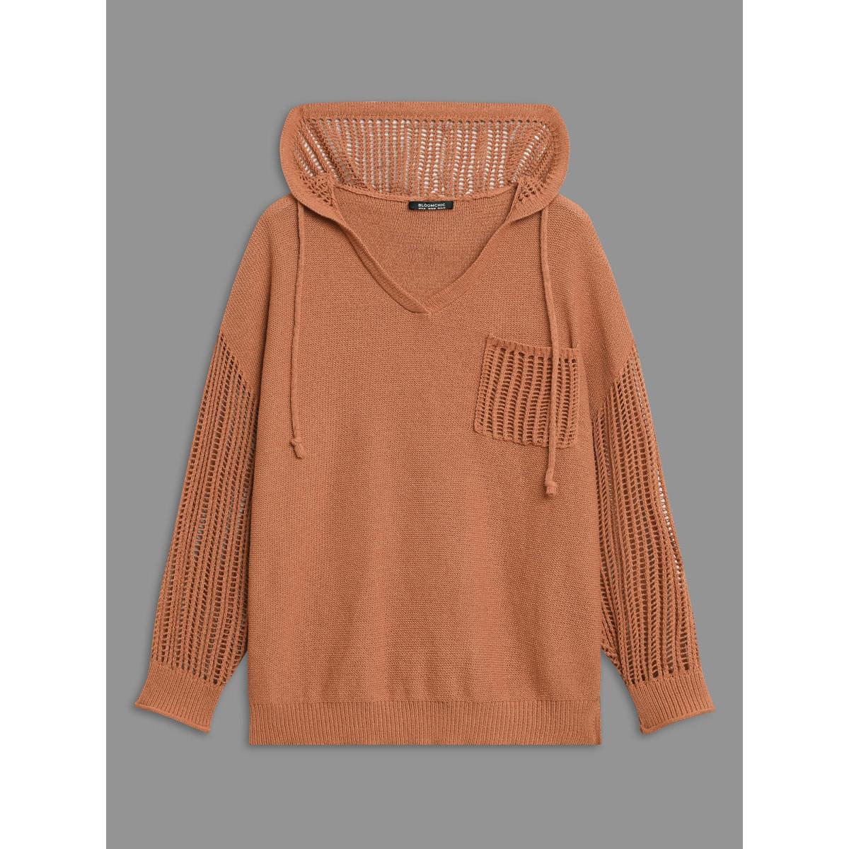 Plus Size Hooded Drawstring Cut Out Pocket Pullover Yellowishbrown Women Casual Three Quater Length Sleeve V-neck Everyday Pullovers BloomChic 30/6X Product Image