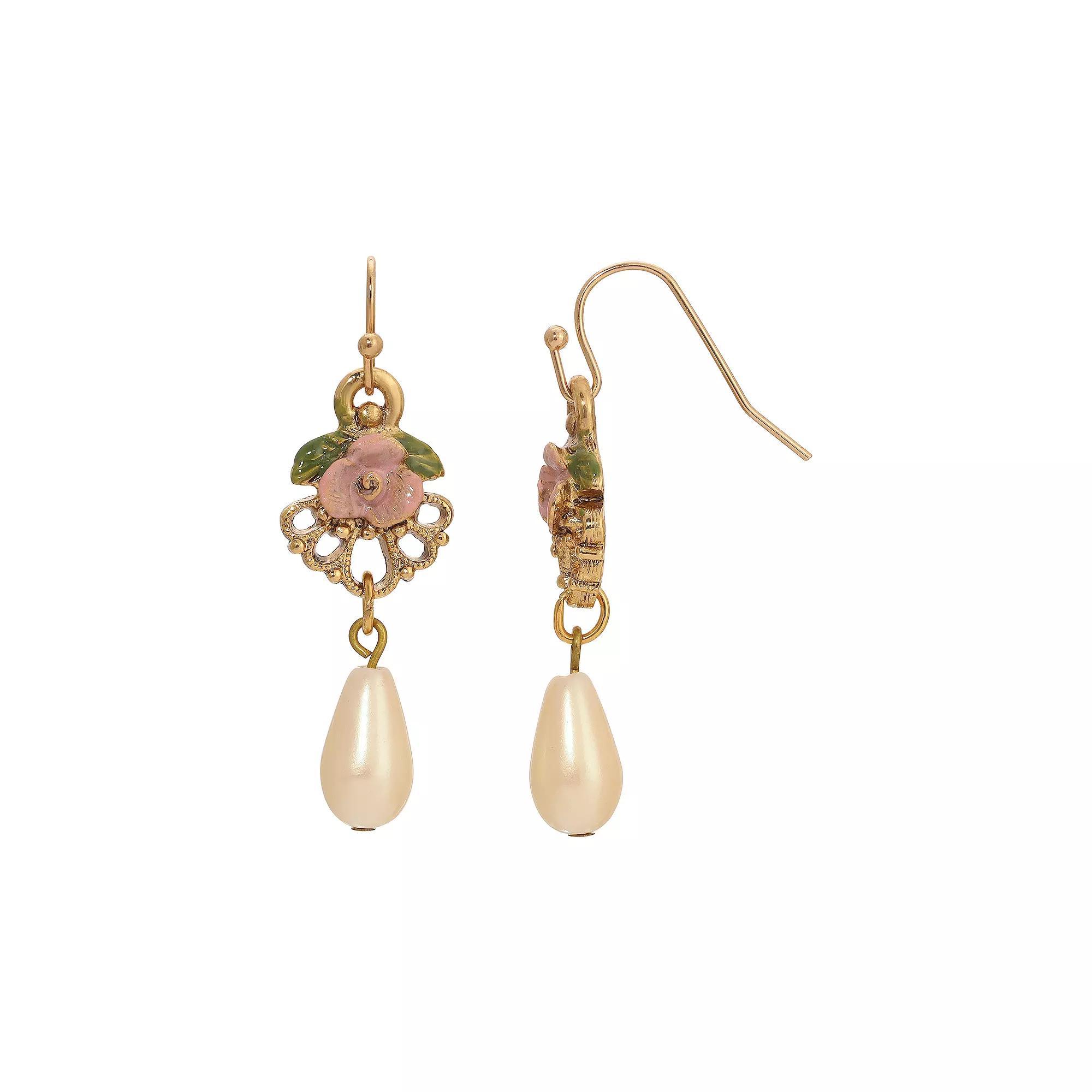 1928 Gold Tone Simulated Pearl Pink Flower Filigree Drop Earrings, Womens Product Image