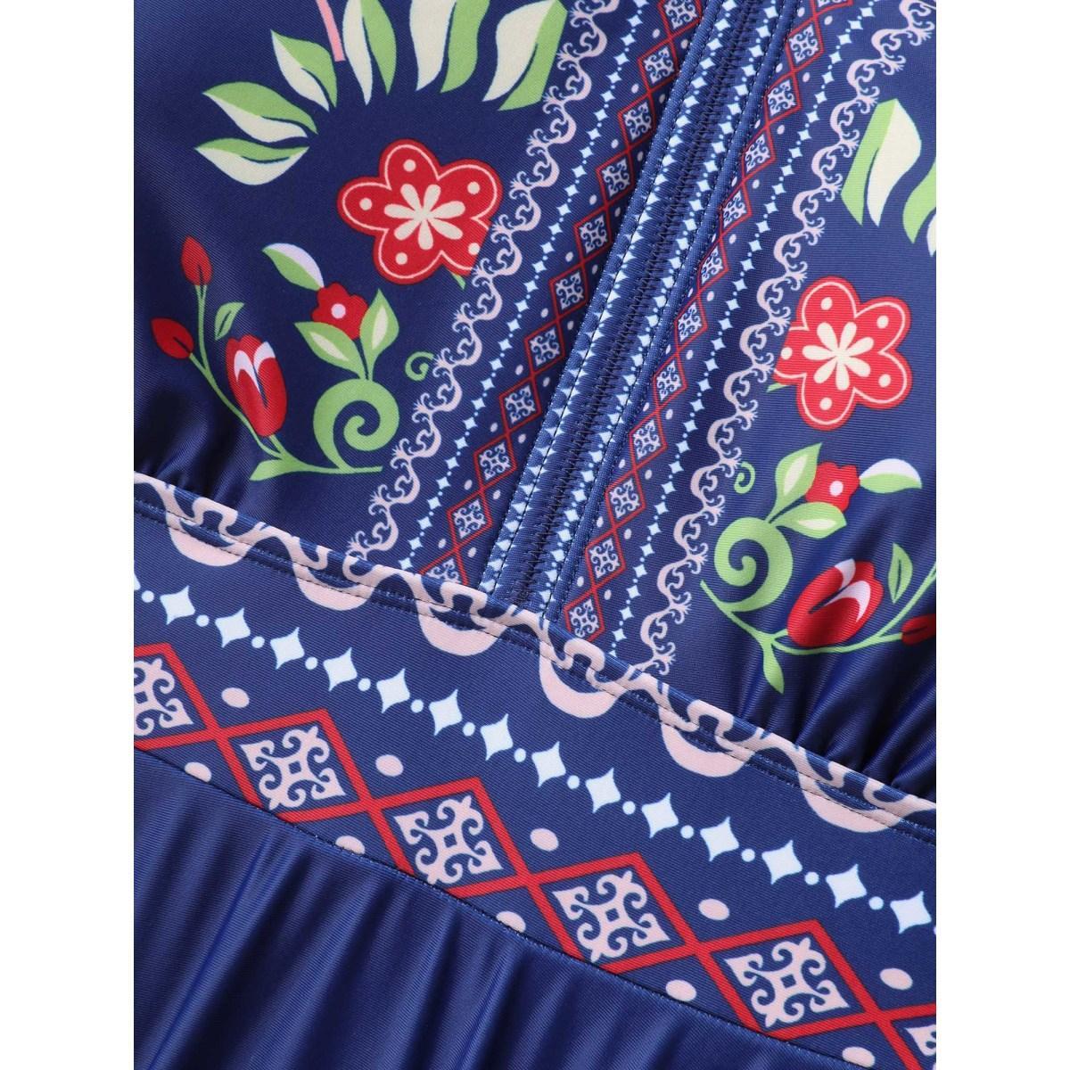 Plus Size Anti-Float Ties Floral Swim Dress Women's Swimwear Indigo Beach Bodycon V-neck High stretch Curve Swim Dresses BloomChic 18-20/2X Product Image