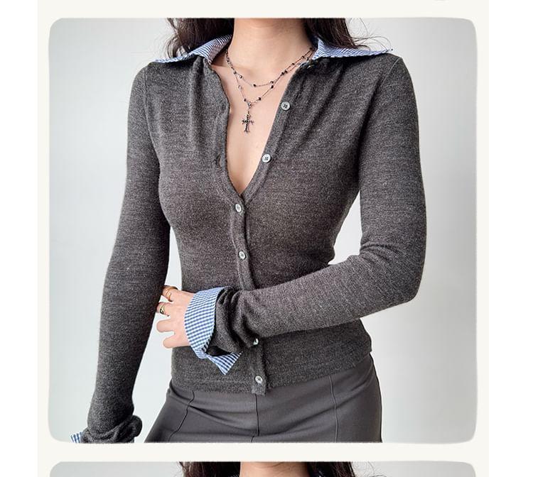 Collared Mock Two-Piece Plaid Panel Button-Up Cardigan Product Image