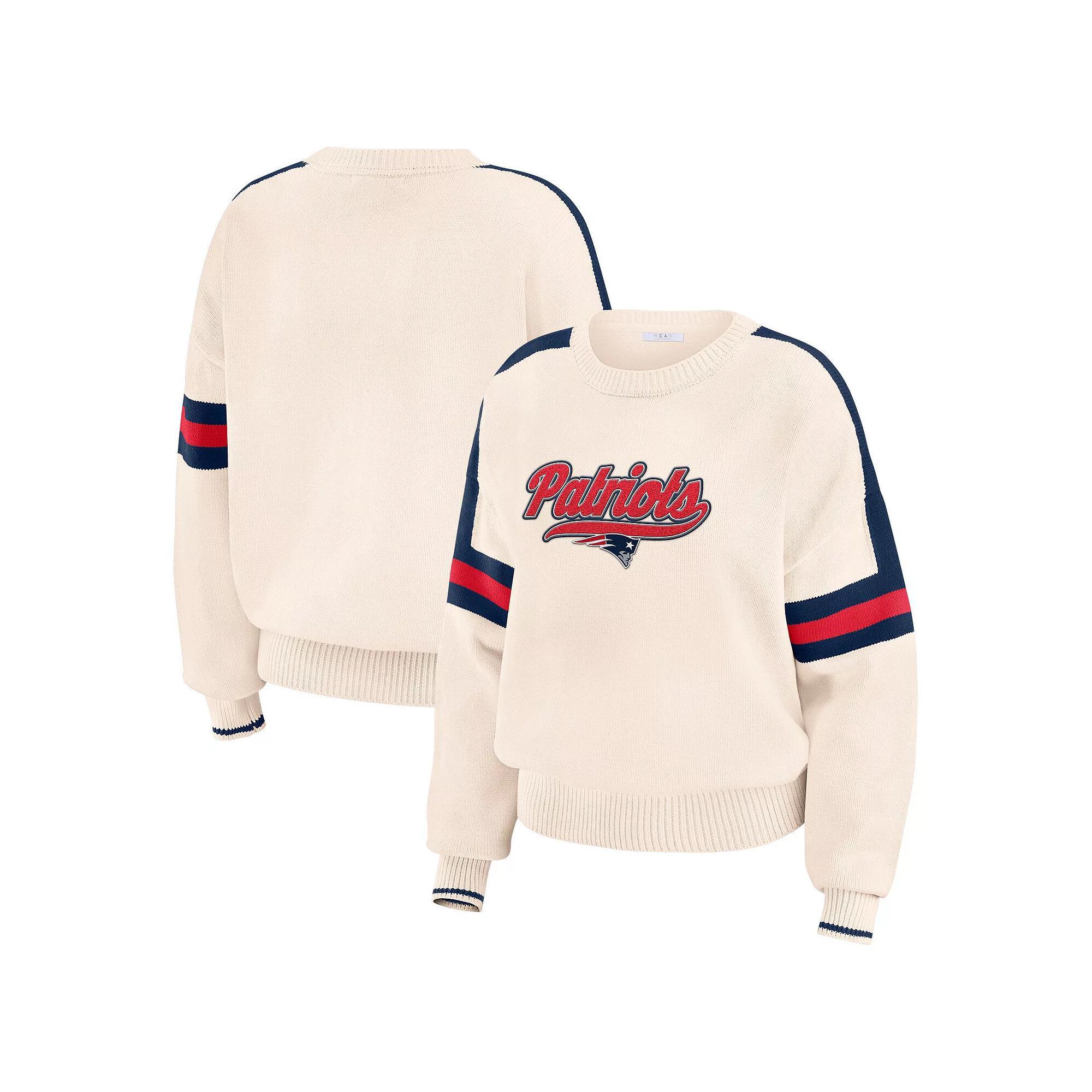 Women's WEAR by Erin Andrews  Cream New England Patriots Stripe Pullover Sweater, Size: 2XL, Beige Product Image