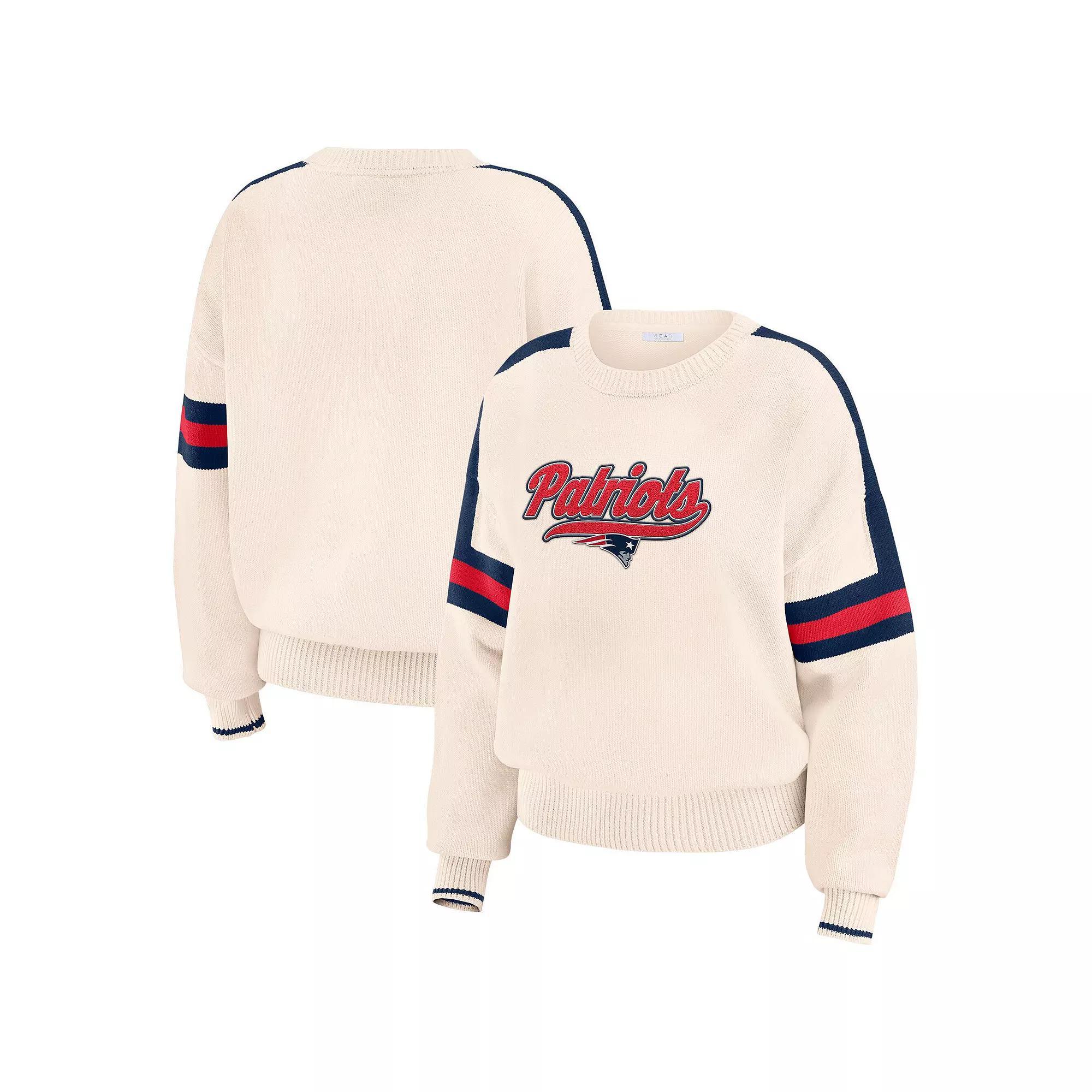 Women's WEAR by Erin Andrews  Cream New England Patriots Stripe Pullover Sweater, Size: 2XL, Beige Product Image