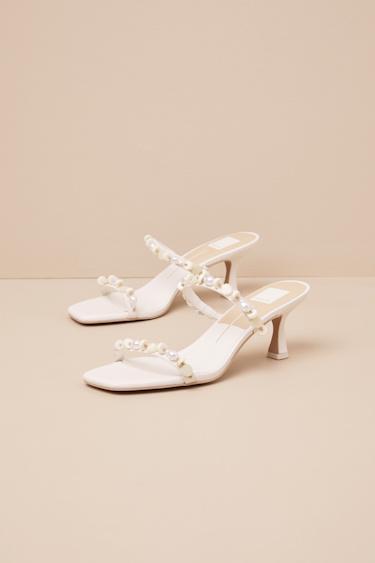 Grason White Leather Pearl Beaded High Heel Slide Sandals Product Image