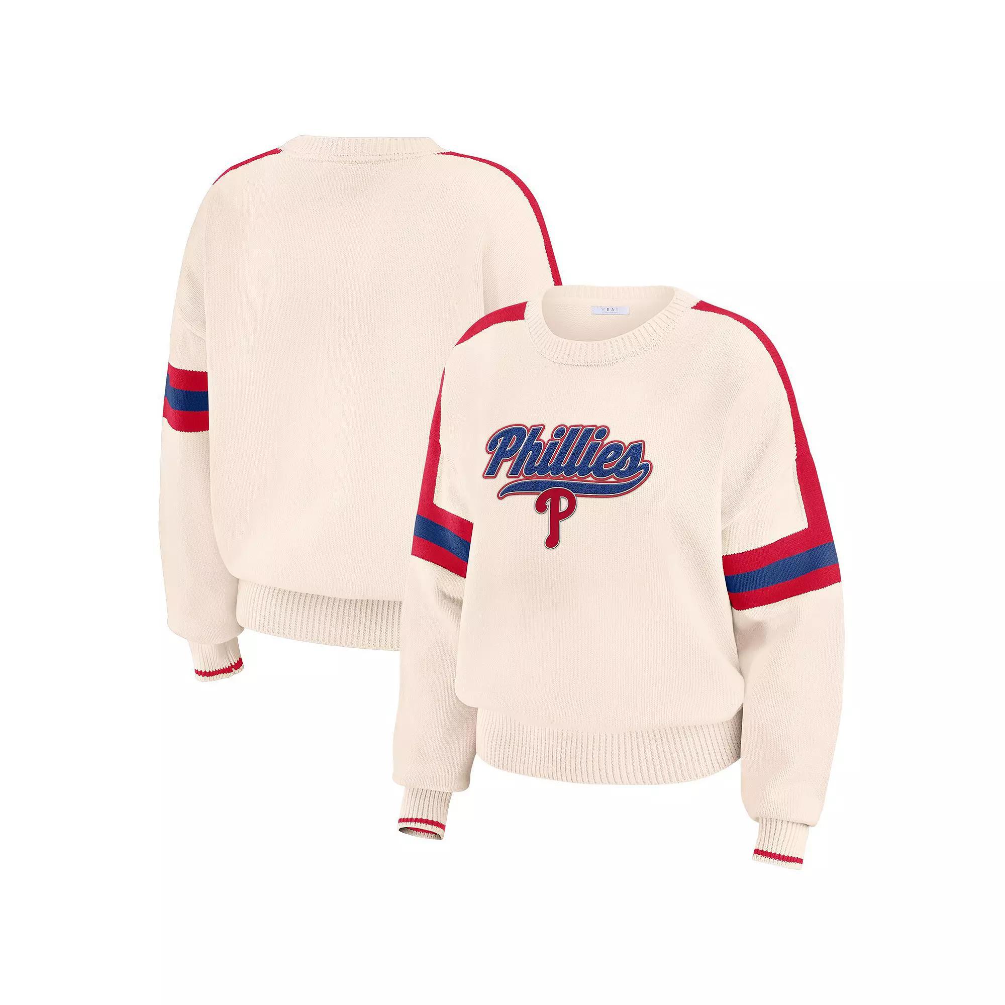 Women's WEAR by Erin Andrews  Cream Philadelphia Phillies Stripe Pullover Sweater, Size: 2XL, Beige Product Image