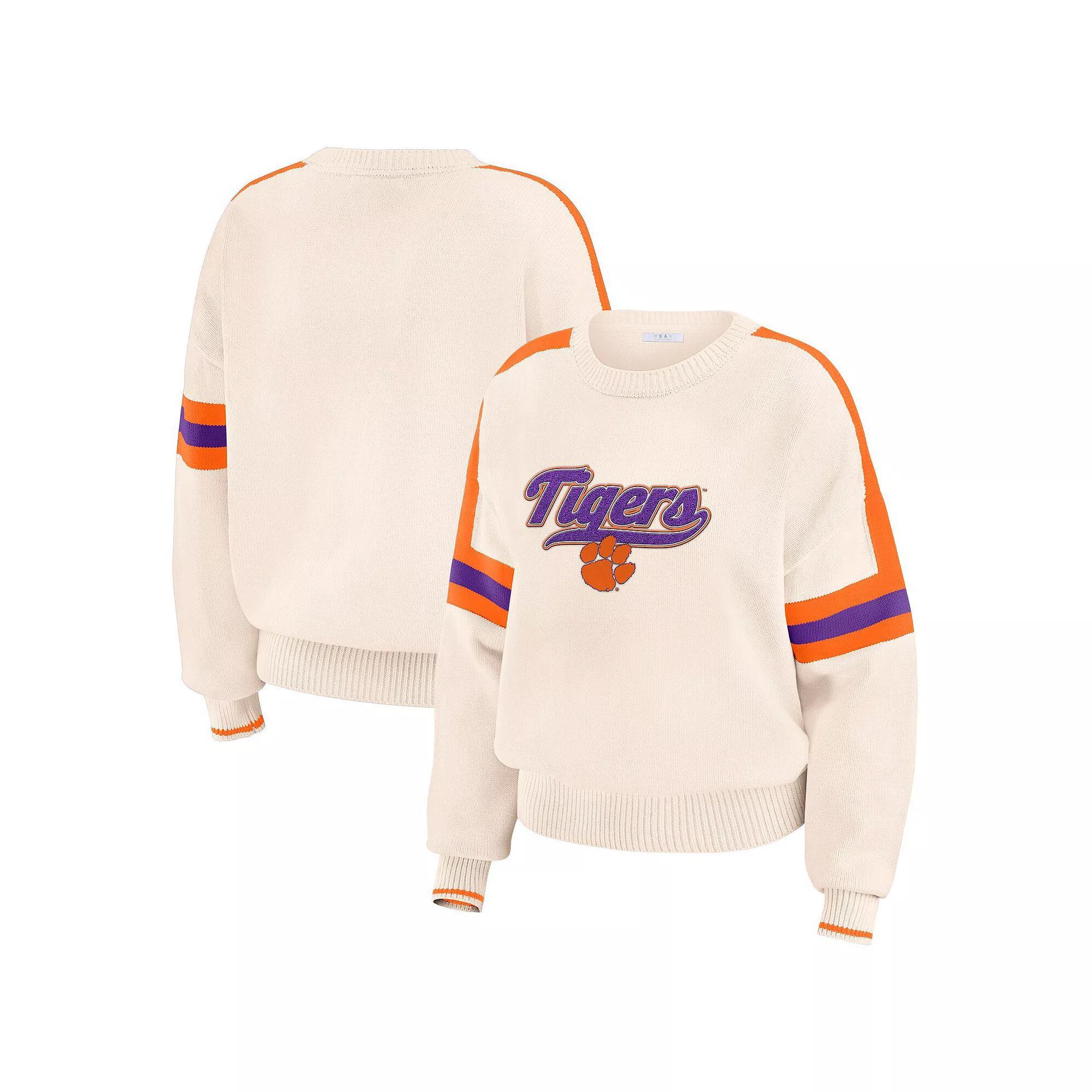 Women's WEAR by Erin Andrews  Cream Clemson Tigers Chenille Woven Patch Stripe Pullover Sweater, Size: XL, Beige Product Image