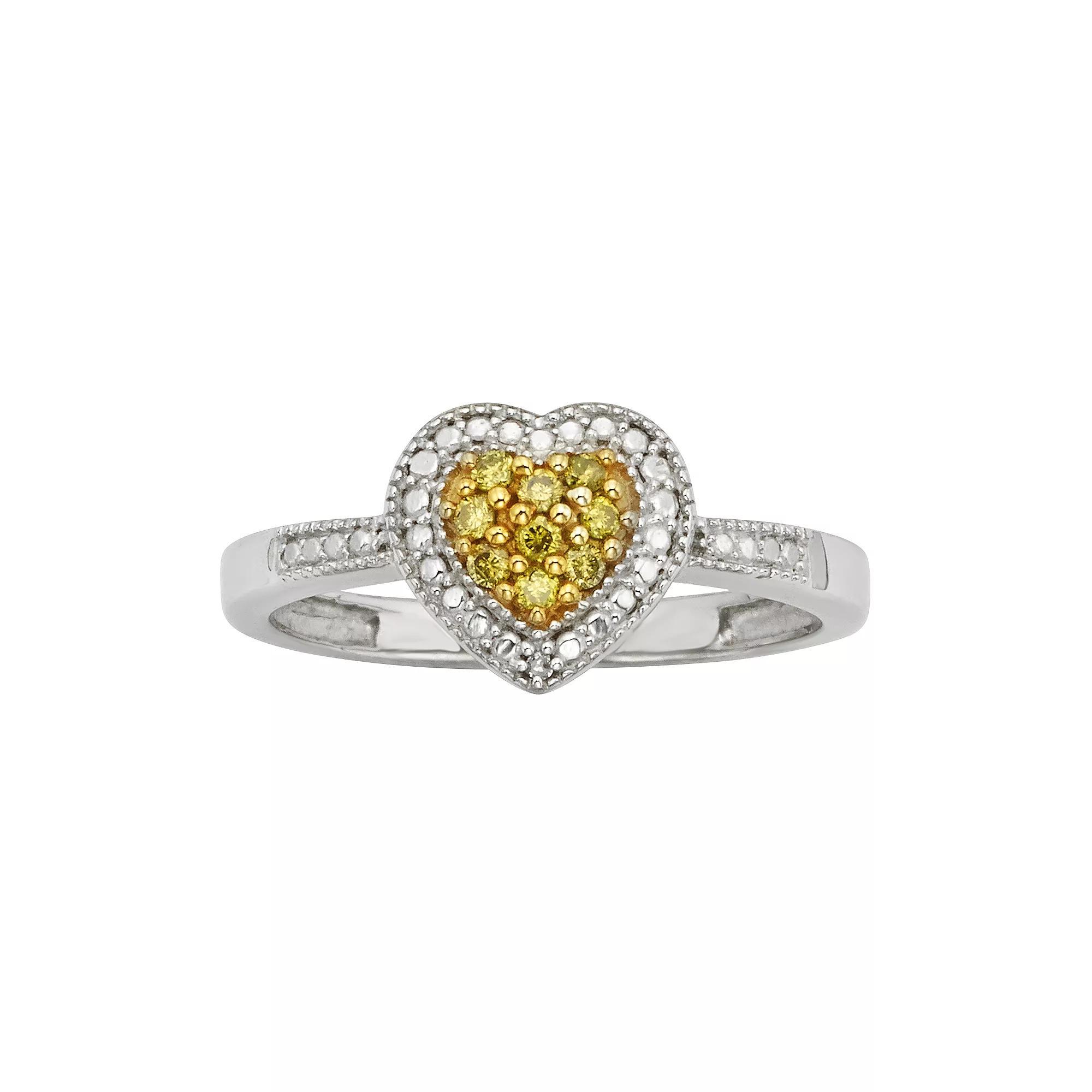 Jewelexcess Sterling Silver 1/10-ct. T.W. Yellow and White Diamond Heart Ring, Womens Product Image