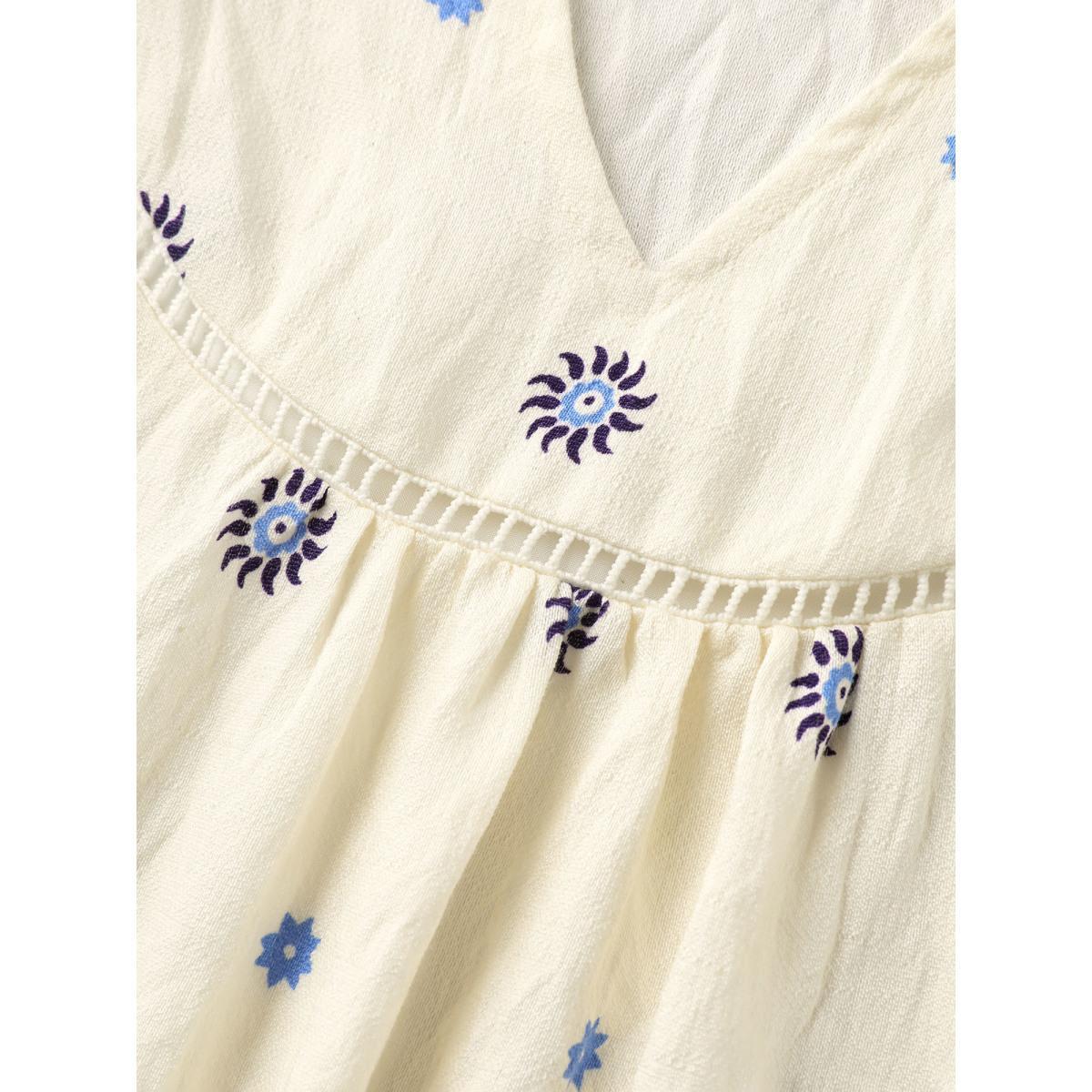 Plus Size LightBlue Boho Print Notched Collar Blouse Women Short sleeve Flat collar with V-notch Vacation Blouses BloomChic 14-16/1X Product Image